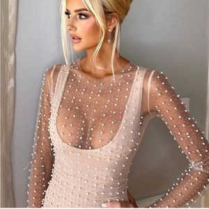 Sheer Pearl cover up rhinestone mesh mini dress